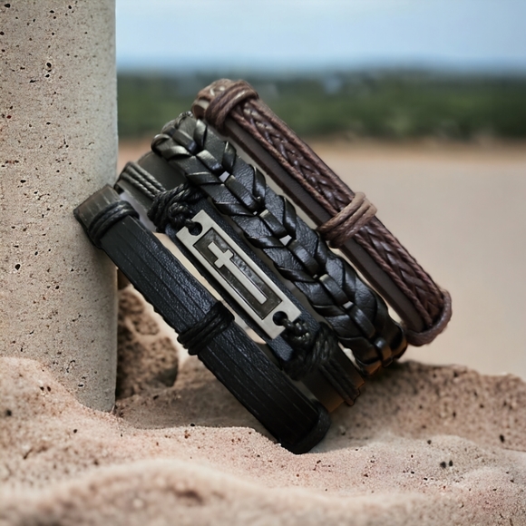 Unisex Leather Bracelet 4 Piece Set - Picture 3 of 8